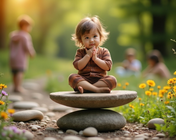 Child Sitting on Stones in a Serene Outdoor Scene