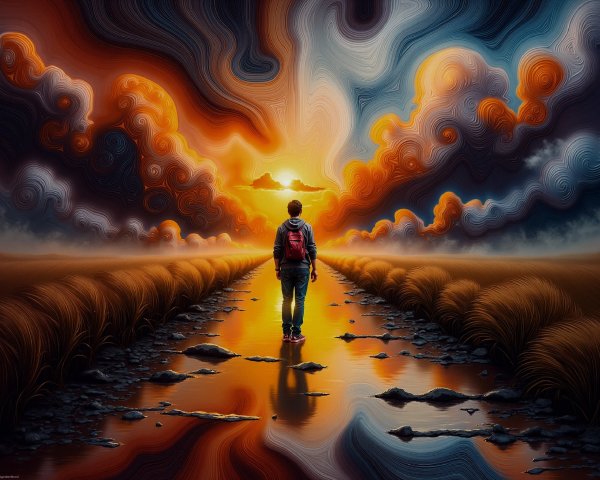 Solitary Figure on Reflective Pathway at Sunset