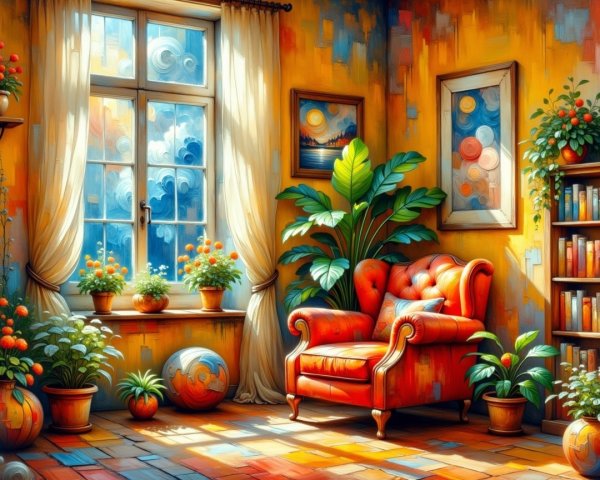 Bright Room with Orange Armchair and Colorful Decor