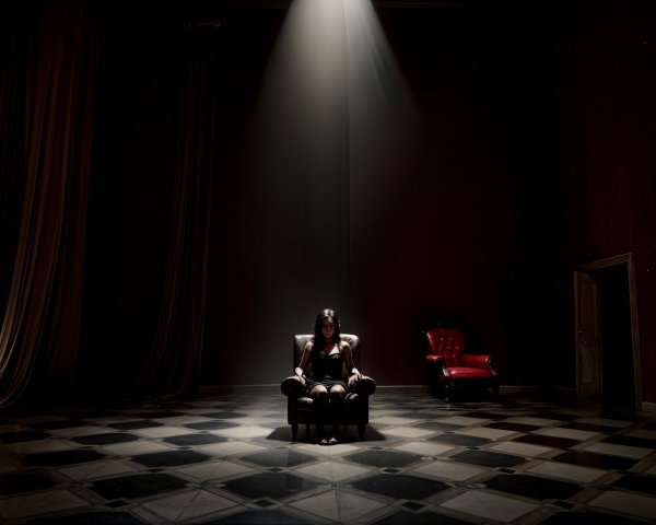 Solitary Figure in Dim Room with Geometric Floor