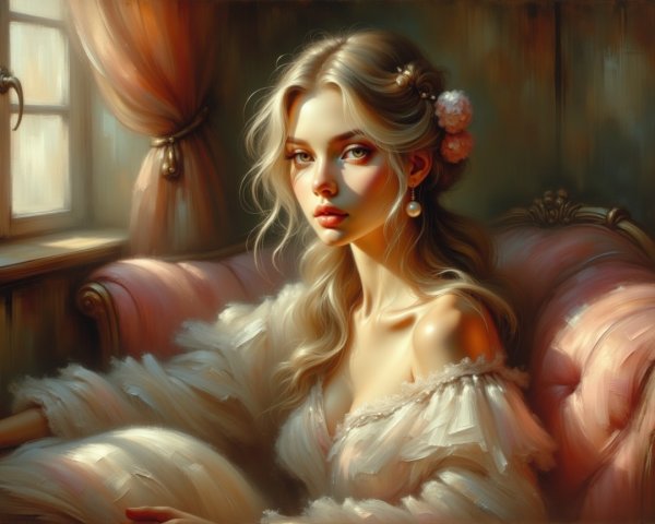 Young woman in white dress seated in elegant armchair