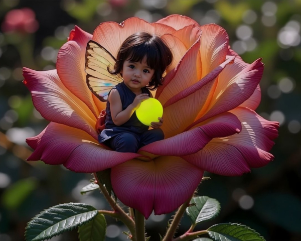 Child with Butterfly Wings in a Vibrant Rose Scene
