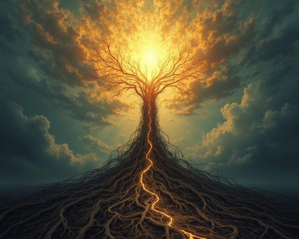 Towering tree in barren landscape with glowing sun