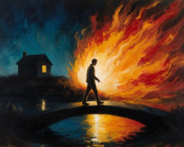Lone Figure on Bridge Amidst Fire and Cozy House