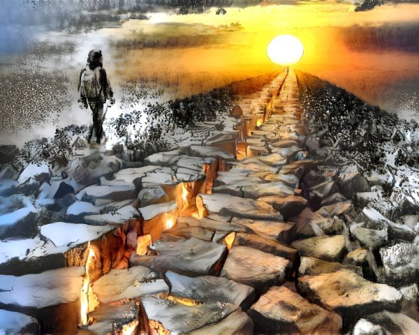 Lone Figure on Rugged Path at Sunrise Symbolizing Hope