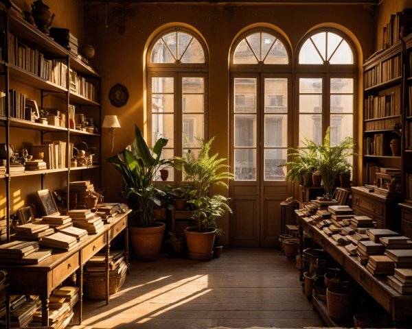 Cozy Room with Wooden Bookshelves and Sunlight