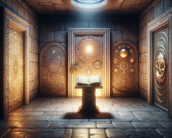 Dimly Lit Chamber with Celestial Engravings and Doors