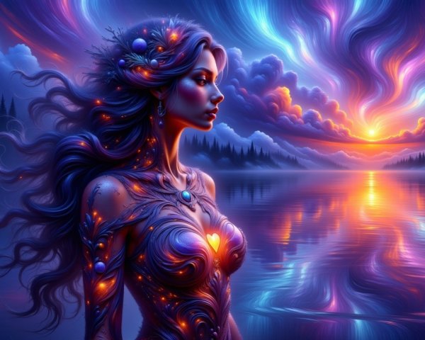 Mystical Woman by Tranquil Lake at Sunset