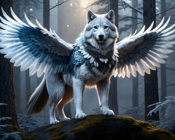 Winged Wolf on Mossy Rock in Misty Forest Scene
