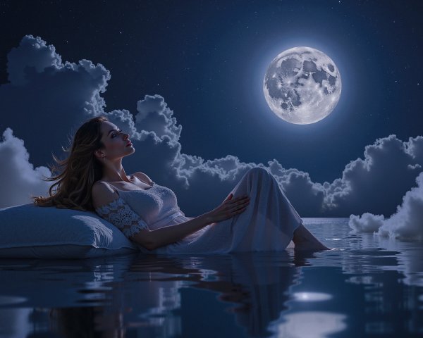 Woman in White Dress by Moonlit Waters