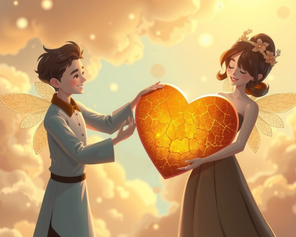 Whimsical Scene of Fairy Characters Sharing a Heart
