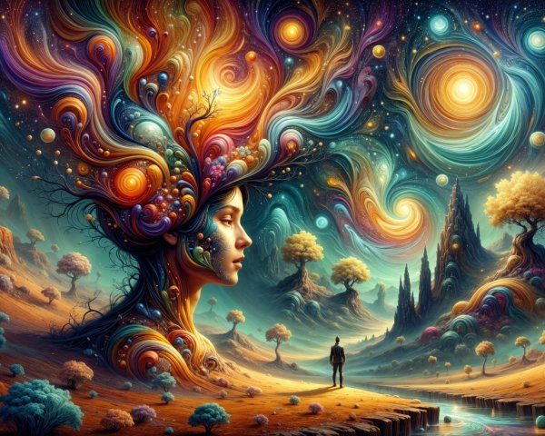 Surreal Landscape with Colossal Tree and Cosmic Elements