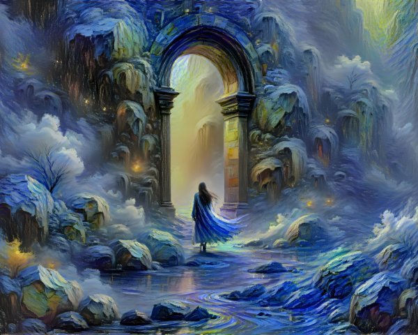 Mystical Figure by Ancient Archway in Ethereal Landscape