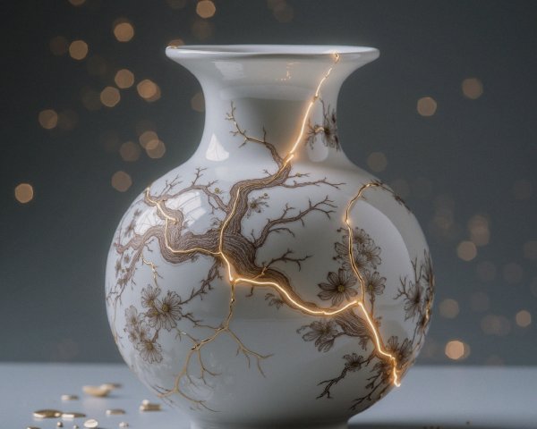 White Vase with Floral Designs and Golden Cracks
