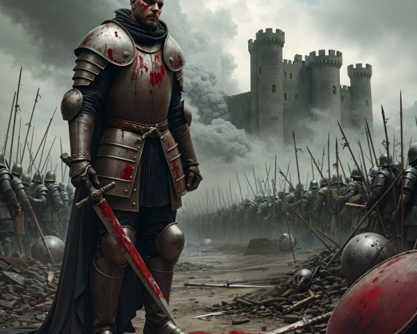 Knight in Armor on Battlefield with Soldiers and Castle