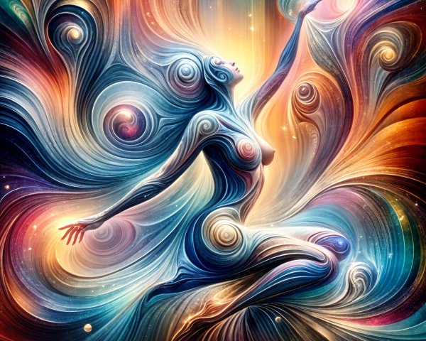 Abstract Woman in Dynamic Pose with Cosmic Background