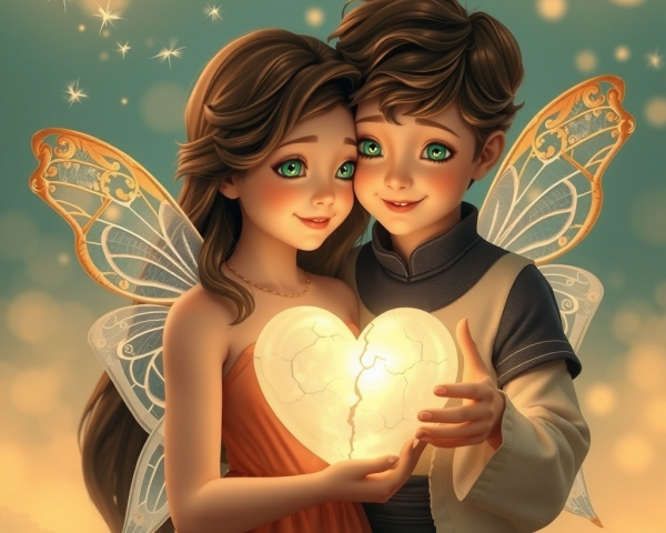Whimsical Fairies with Glowing Heart in Starry Scene
