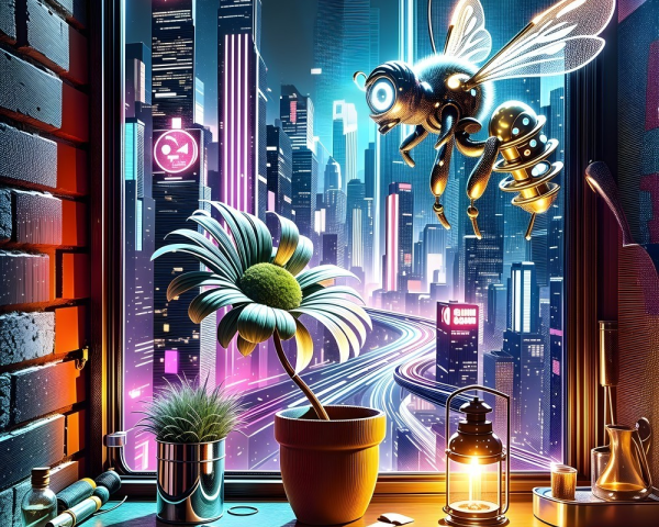 Vibrant City Skyline with Neon Lights at Night