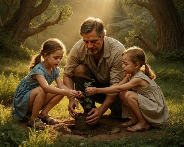 Sunlit Forest Scene with Seedling Planting Activity