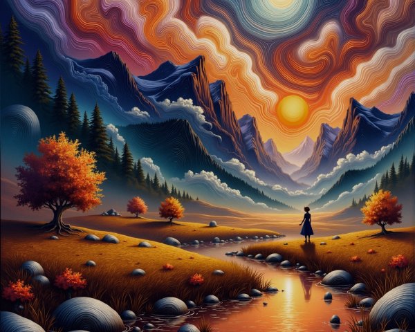 Vibrant Sunset Landscape with Mountains and Stream