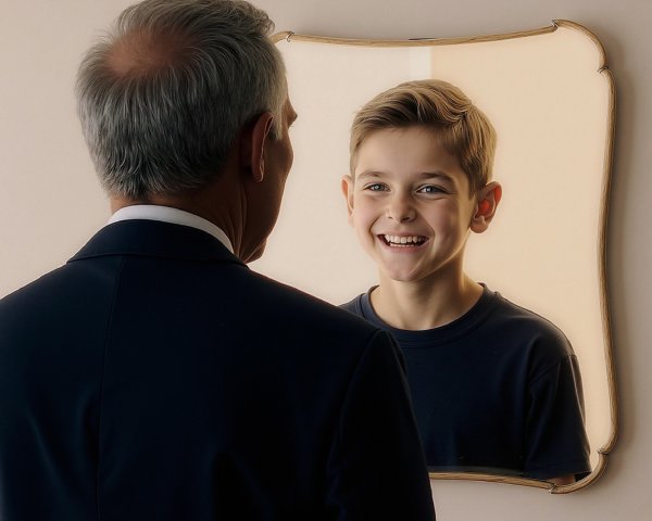 Man in Suit Reflects on Youthful Innocence