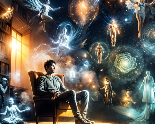 Young man in mystical library with ethereal beings