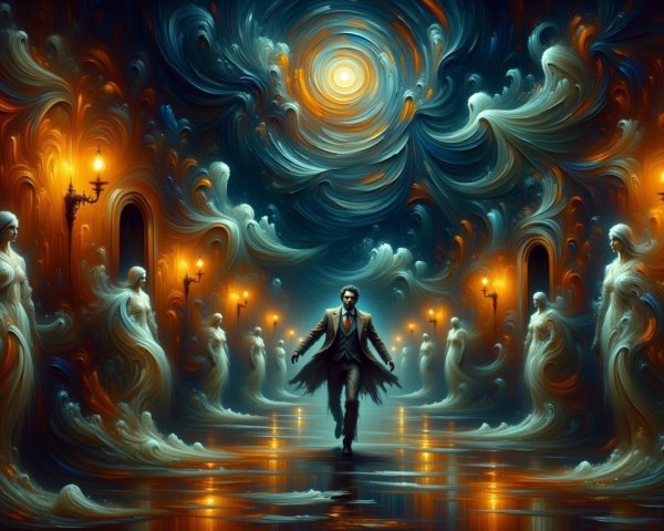 Mysterious Figure in Ethereal Corridor with Ghostly Figures