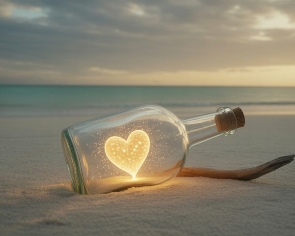 Glass Bottle with Glowing Heart on Sandy Beach