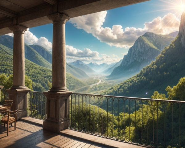 Balcony View of Lush Valley and Majestic Mountains