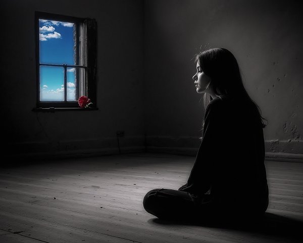 Girl in Dim Room Observing Vibrant Outdoor Scene