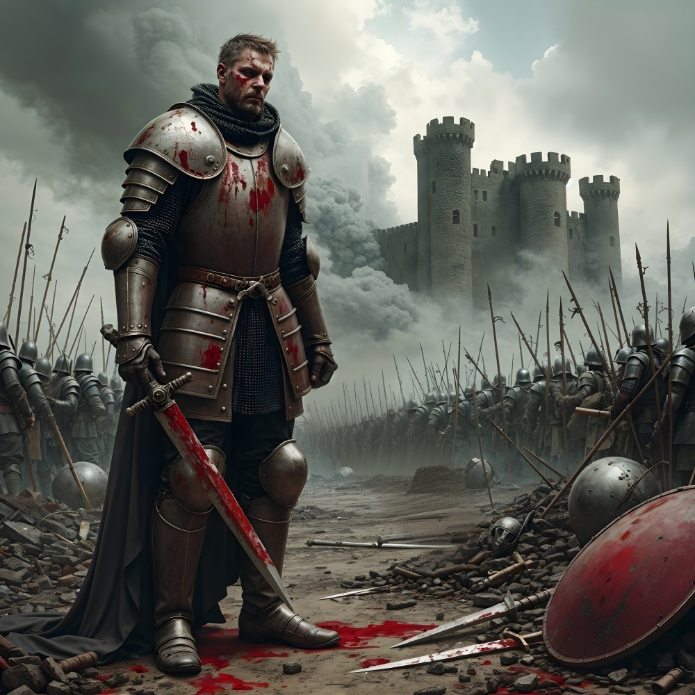 Knight in Armor on Battlefield with Soldiers and Castle