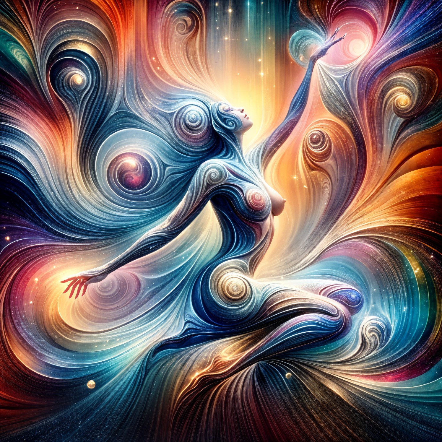Abstract Woman in Dynamic Pose with Cosmic Background