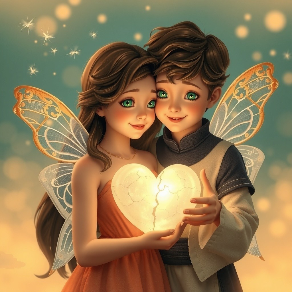 Whimsical Fairies with Glowing Heart in Starry Scene