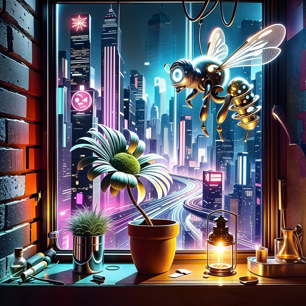 Vibrant City Skyline with Neon Lights at Night