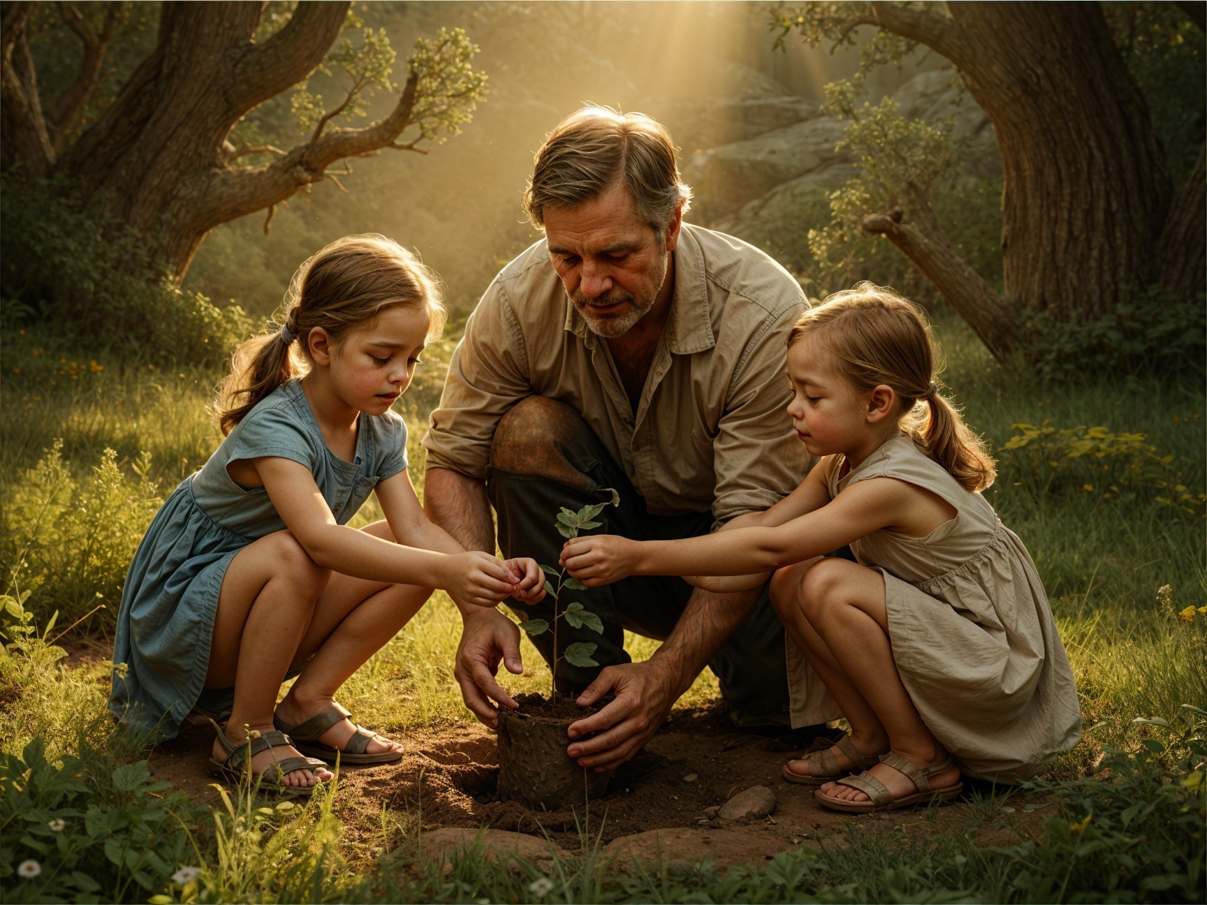 Sunlit Forest Scene with Seedling Planting Activity