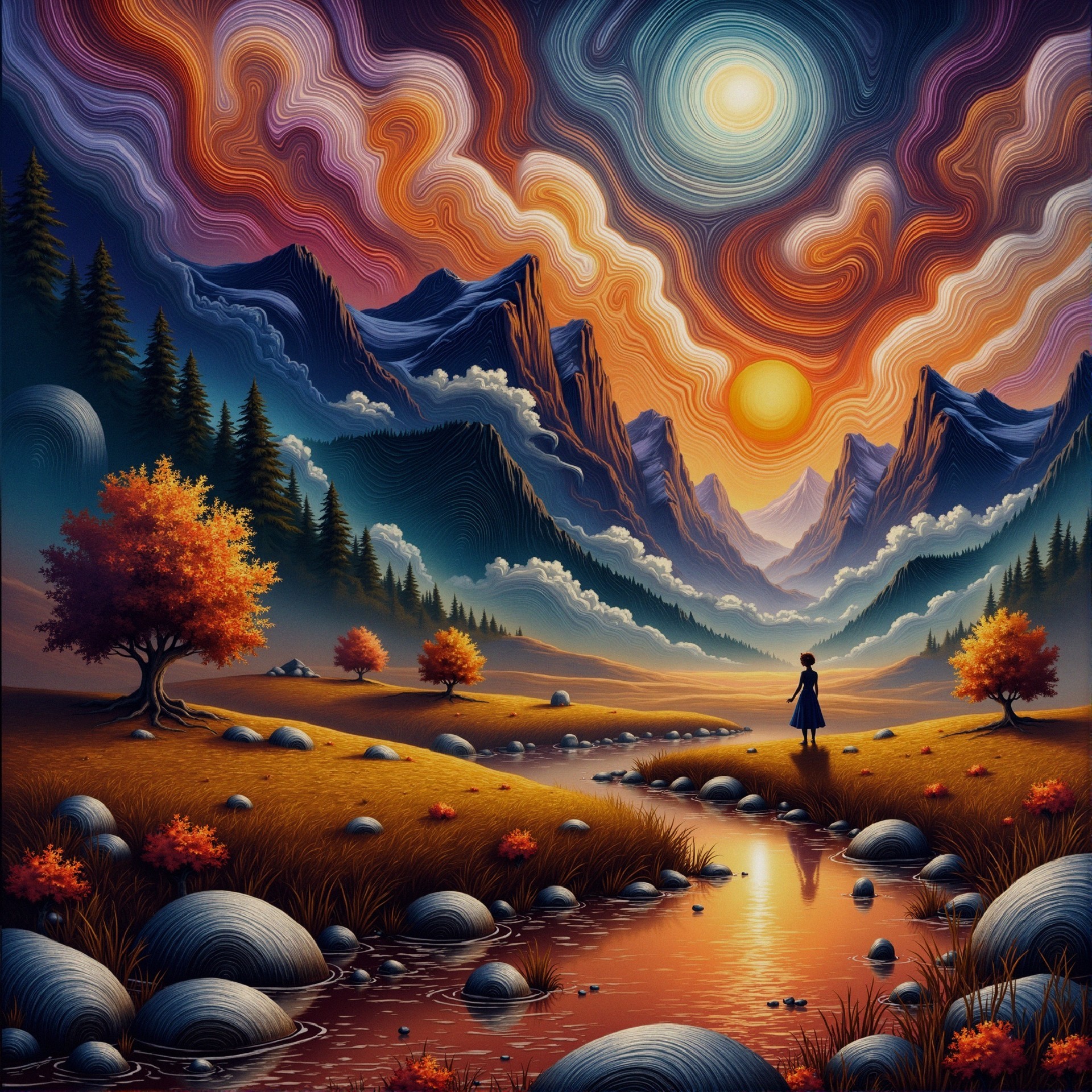 Vibrant Sunset Landscape with Mountains and Stream