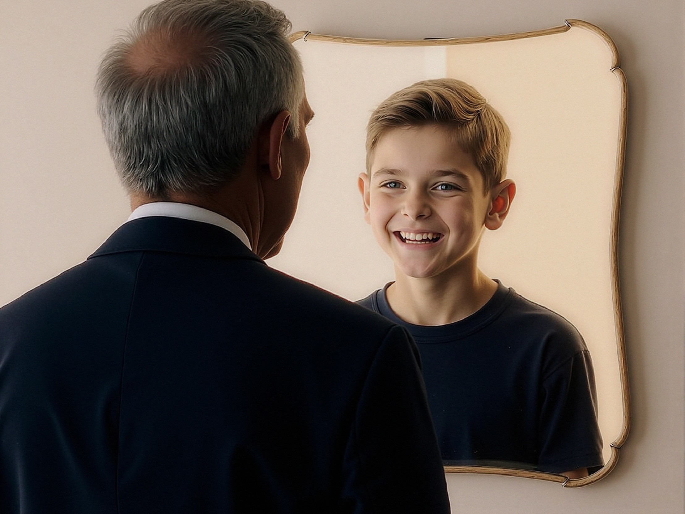 Man in Suit Reflects on Youthful Innocence