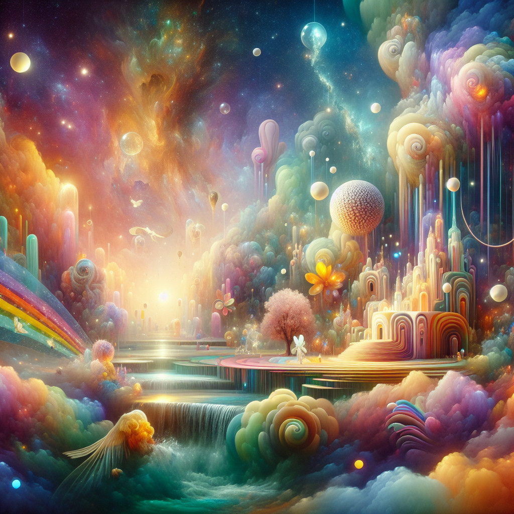 Surreal Landscape with Colorful Clouds and Waterfall