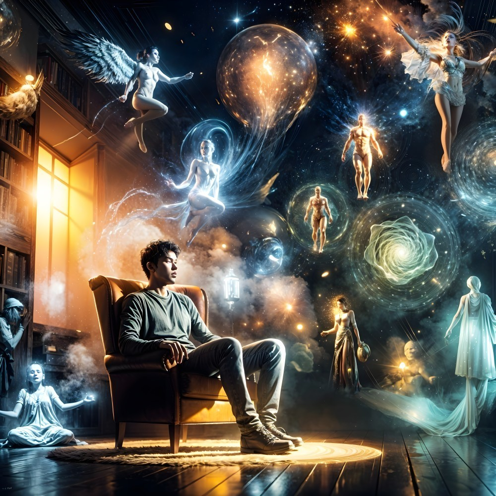 Young man in mystical library with ethereal beings
