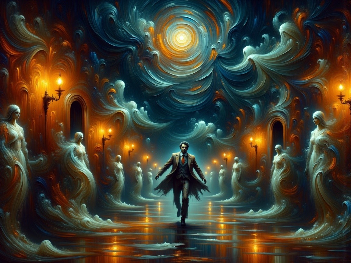 Mysterious Figure in Ethereal Corridor with Ghostly Figures