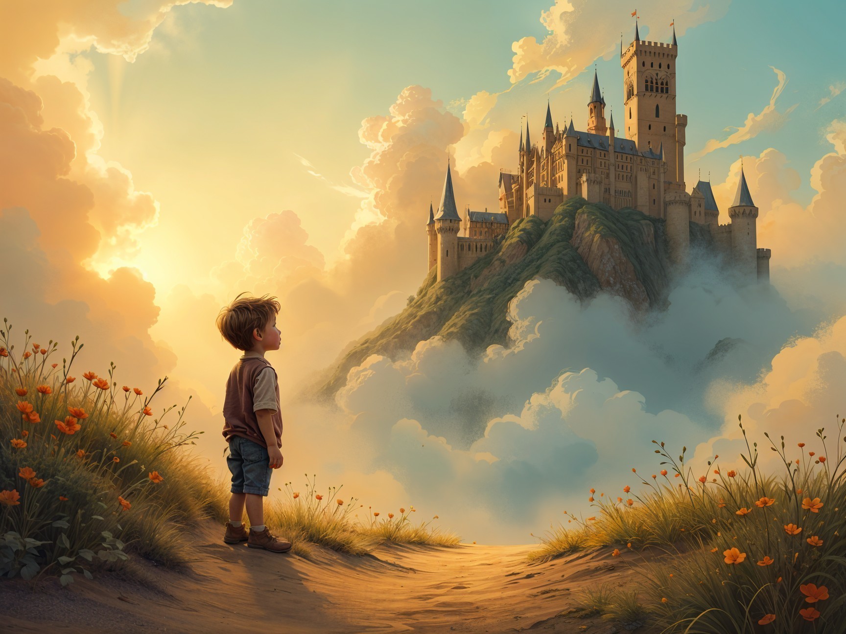 Young boy views castle on a hill at sunset