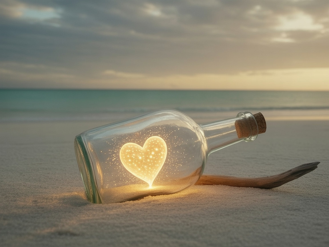 Glass Bottle with Glowing Heart on Sandy Beach