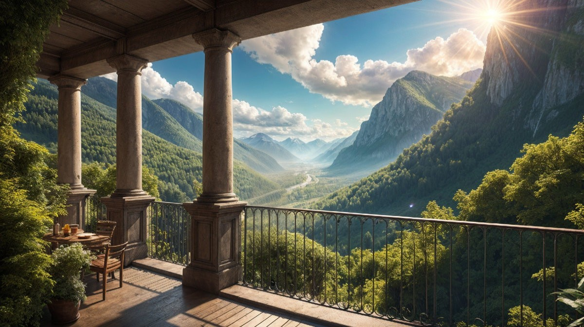 Balcony View of Lush Valley and Majestic Mountains