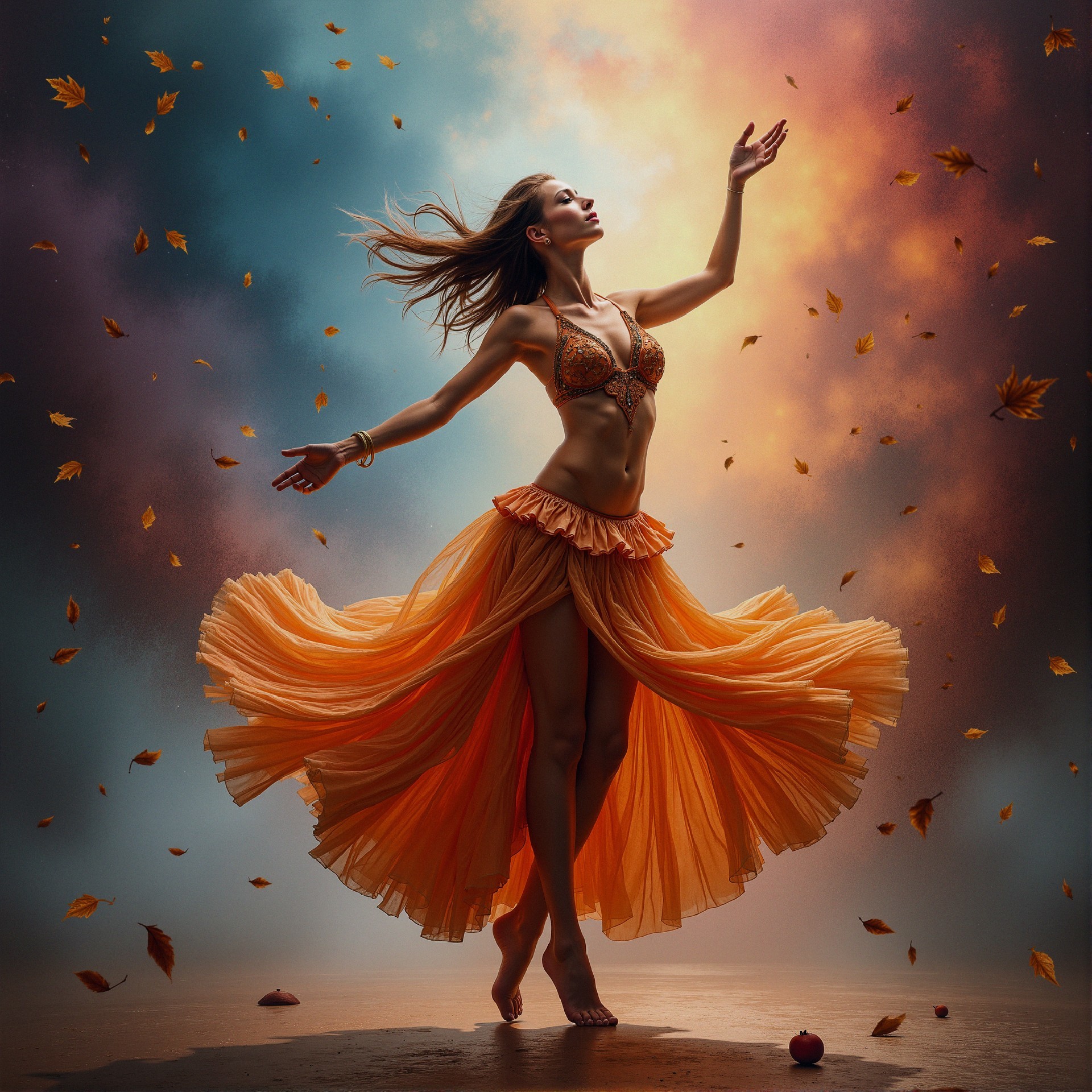Dancer in Orange Skirt Surrounded by Autumn Leaves