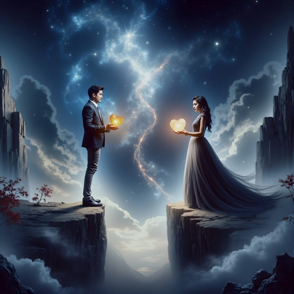 Mystical Landscape with Glowing Rift and Luminous Hearts