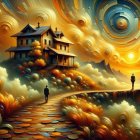 Surreal Landscape with Cobblestone Path and House