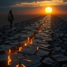 Lone Figure on Rugged Path at Sunrise Symbolizing Hope