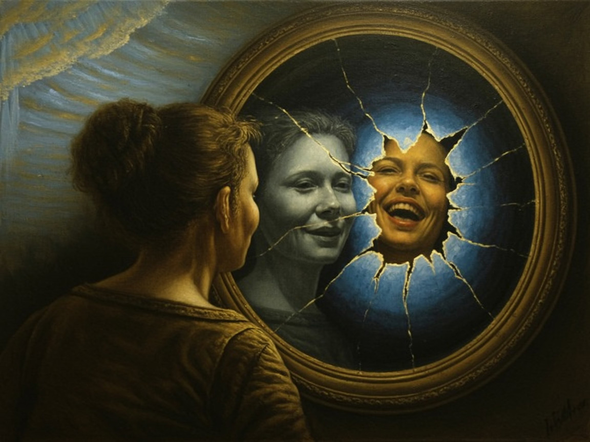 Woman Gazing into a Cracked Mirror Depicting Duality