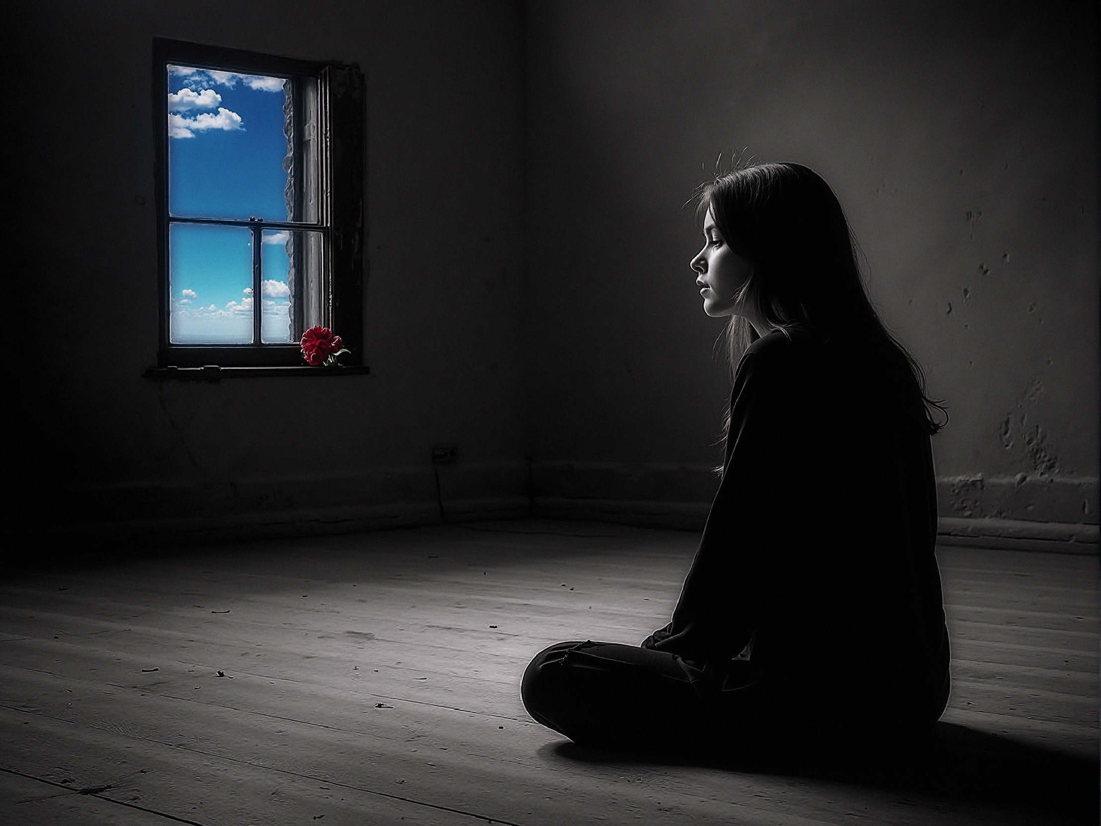 Girl in Dim Room Observing Vibrant Outdoor Scene