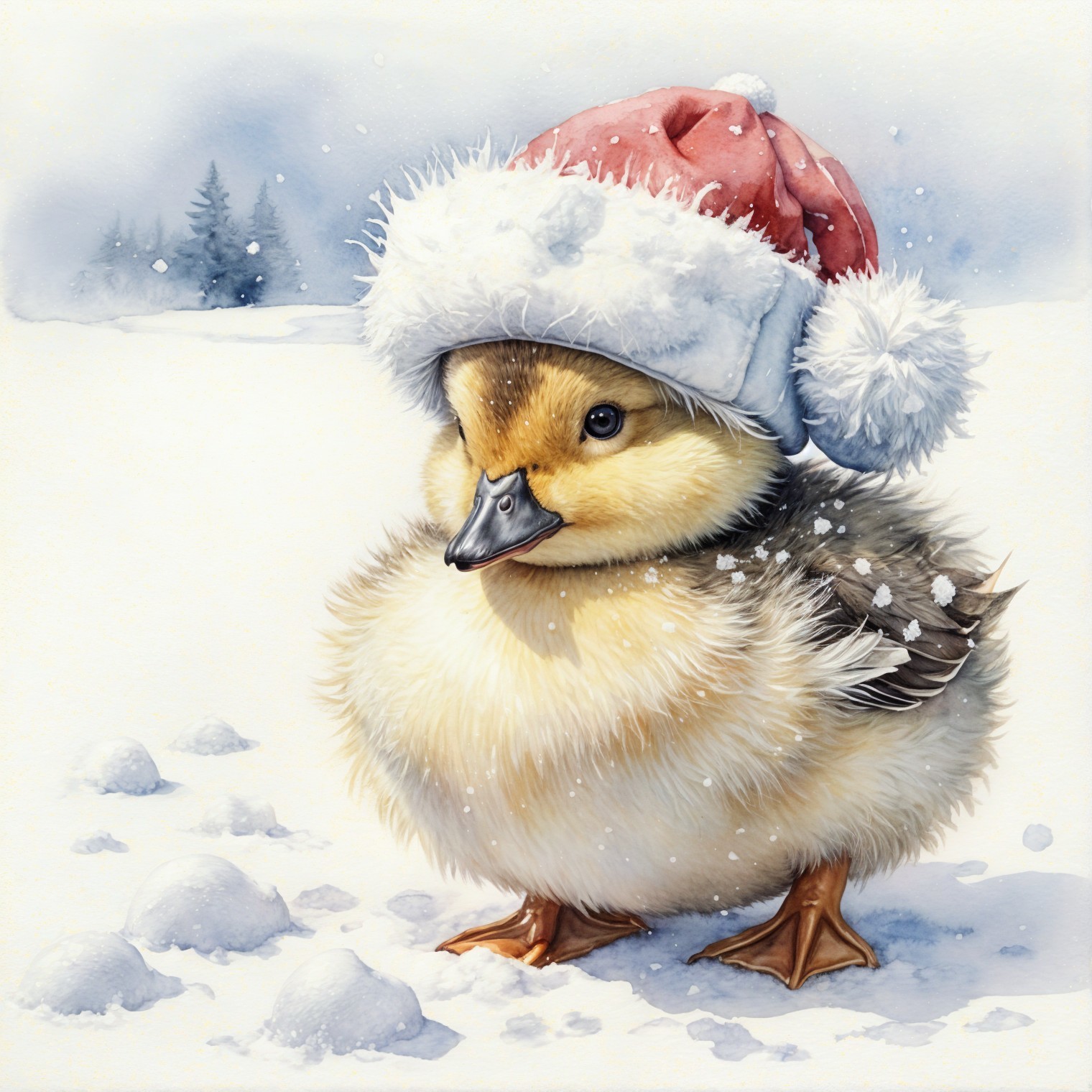 Duckling in Santa Hat in Snowy Winter Landscape